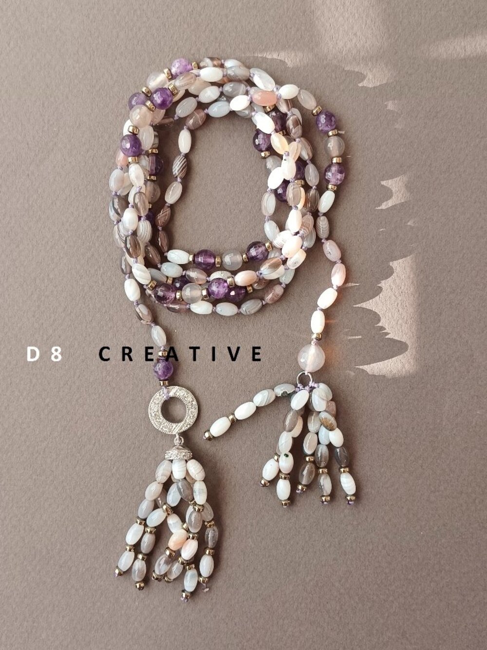 Amethyst with natural Agate and sterling silver tassel adjust size necklace